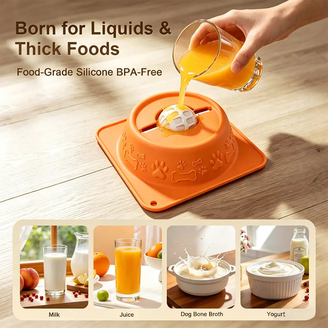 No-Spill Liquid Slow Feeder Bowl for Dogs and Cats - Fun Lick Toy with Rolling Ball Design, Anti-Slip Silicone for Calming Anxiety Relief, Perfect for Bone Broth and Yogurt