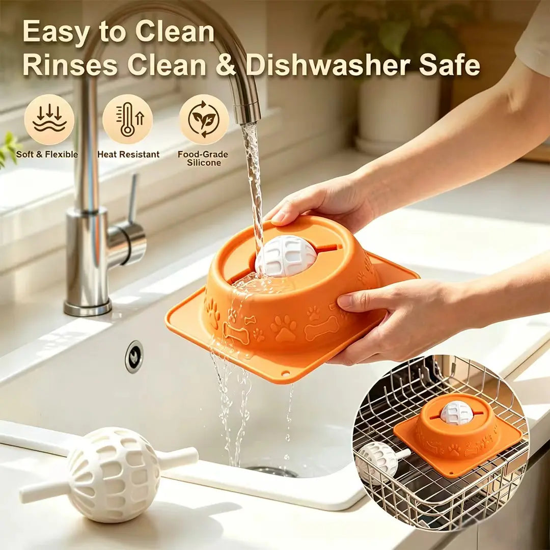 No-Spill Liquid Slow Feeder Bowl for Dogs and Cats - Fun Lick Toy with Rolling Ball Design, Anti-Slip Silicone for Calming Anxiety Relief, Perfect for Bone Broth and Yogurt